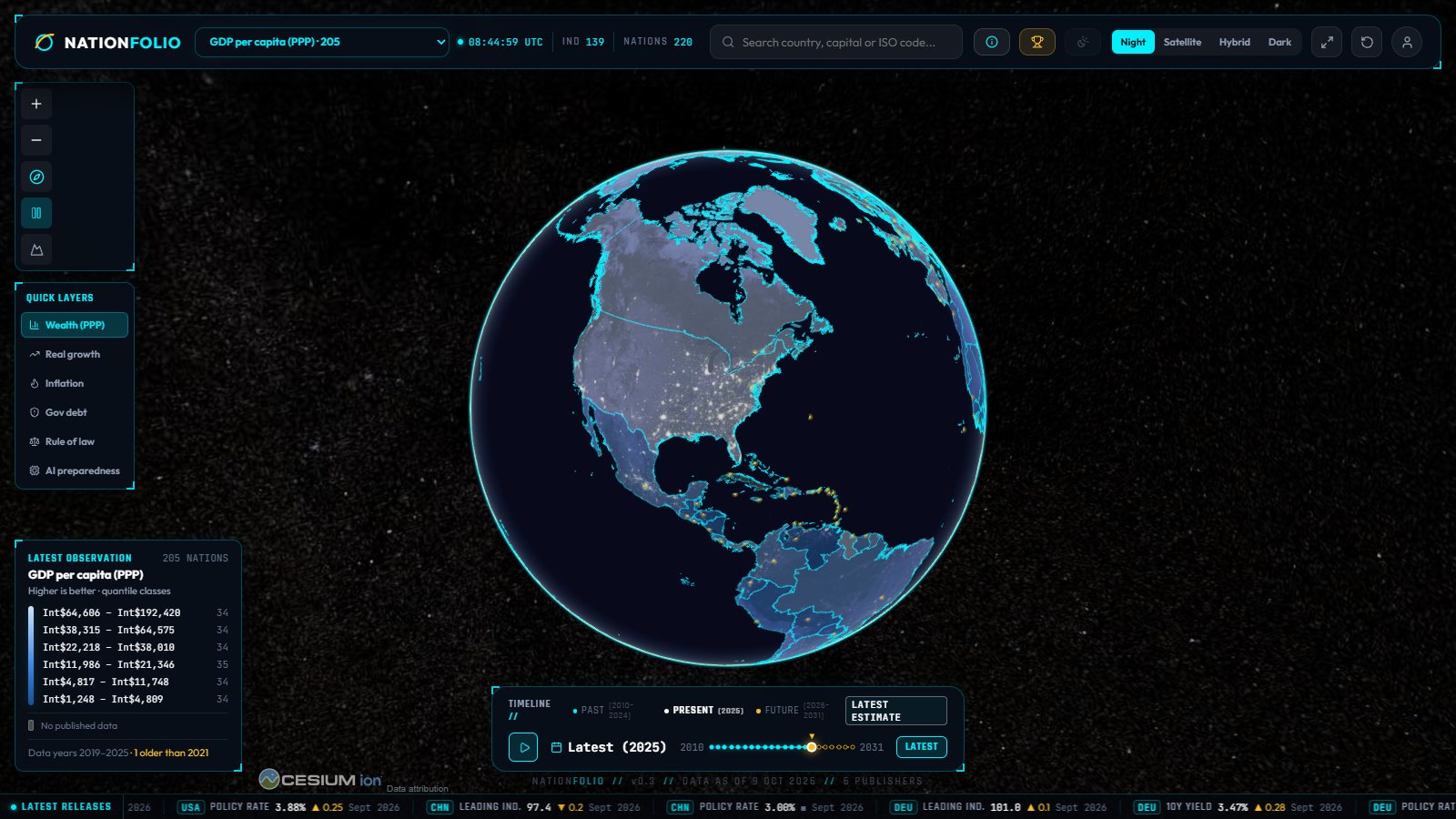 NationFolio night mode: NASA Black Marble city lights with GDP per capita quantile classes, cyan borders and capital cities